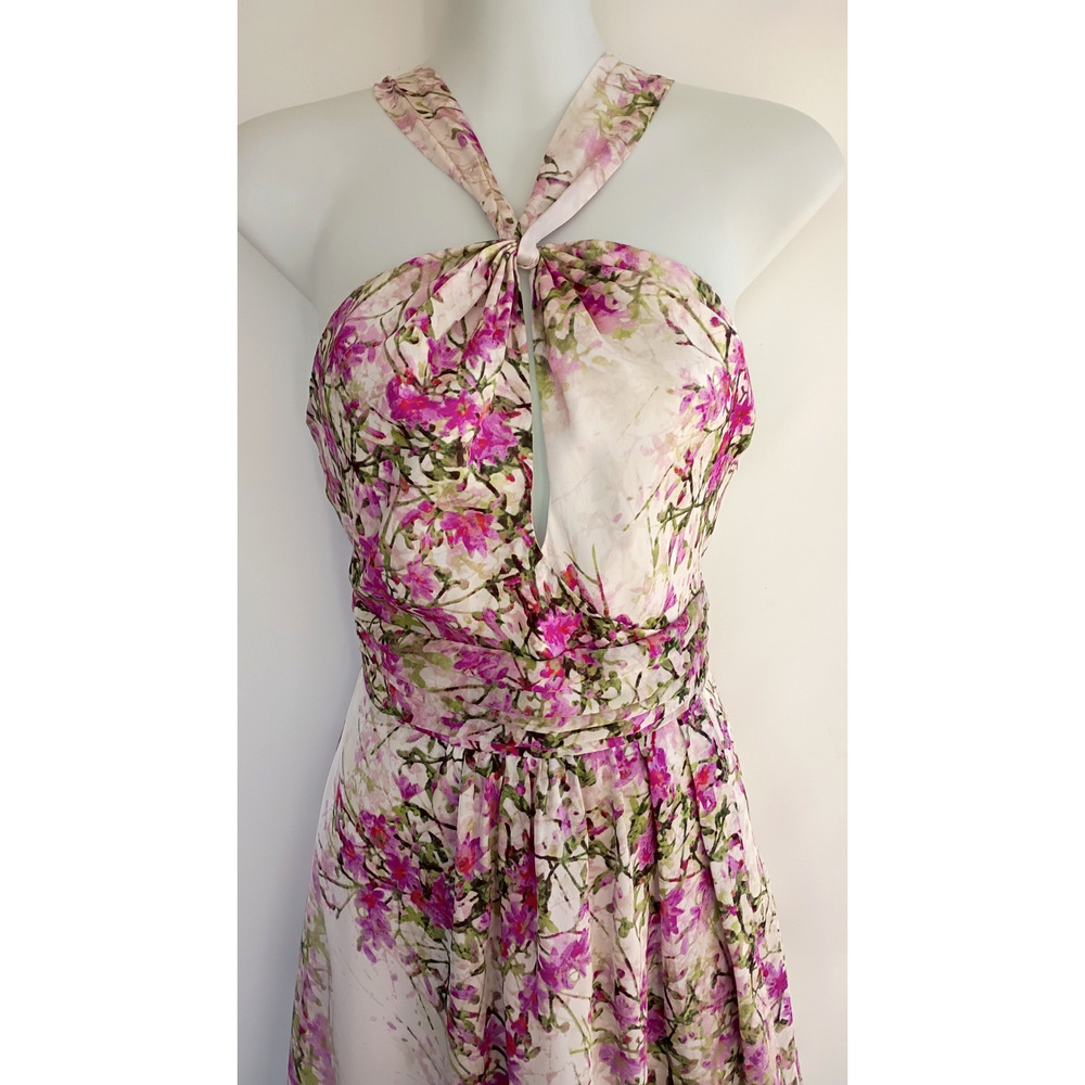 Vintage Bebe Y2K 100% Silk Watercolor Floral Halter Dress Pink White High Low XS - Picture 2 of 13